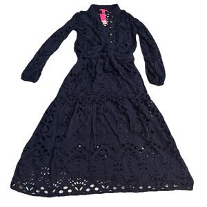 Lilly Pulitzer Zia Long Sleeve Eyelet Midi Shirt dress True Navy Size 2